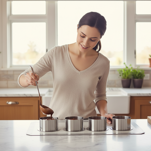 Femme remplis Cercle a entremet avec coulis chocolat dans cuisine