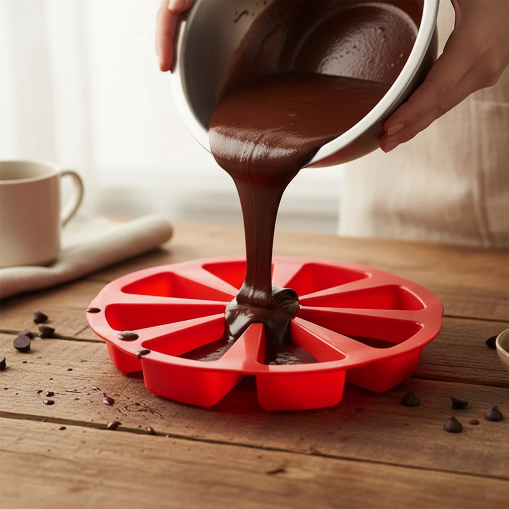 Versement pâte pâtissière chocolat dans Moules silicone patisserie