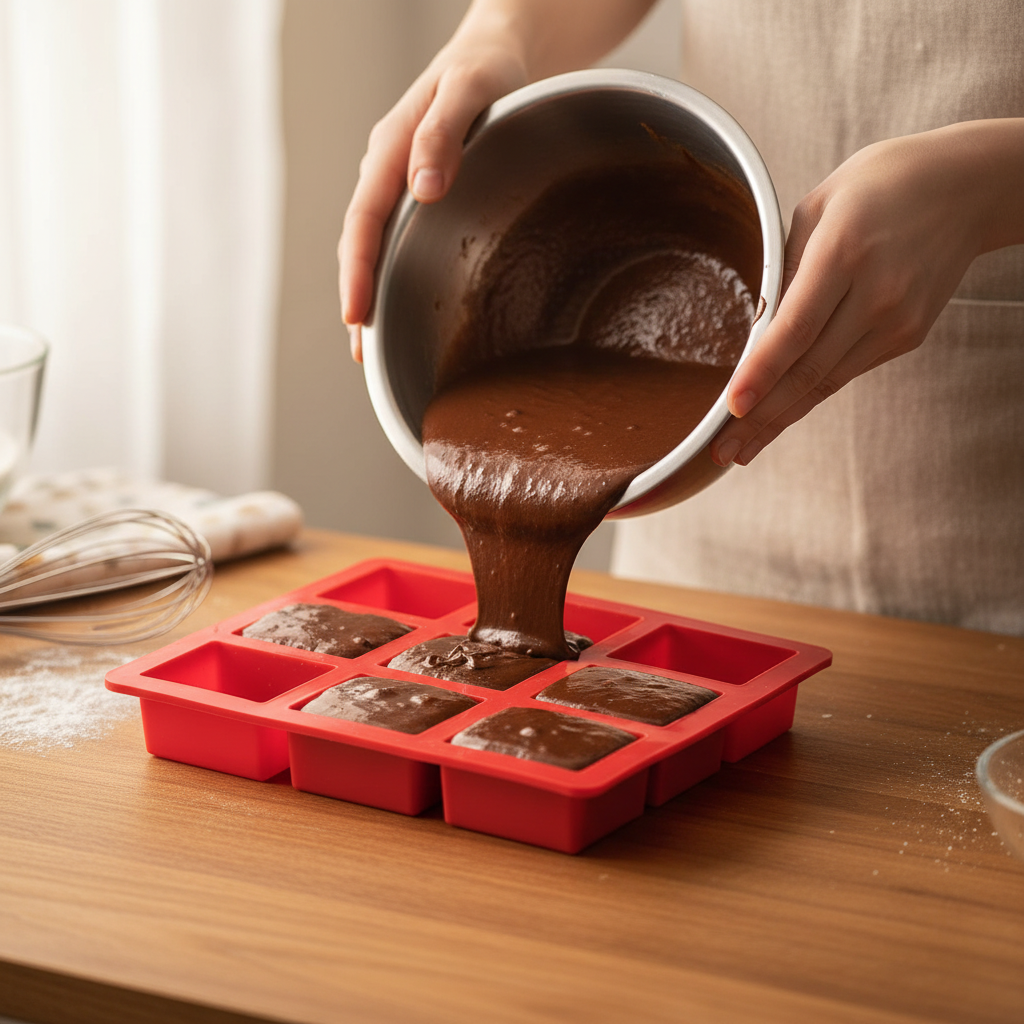 Versement pâte chocolat dans Moule silicone pour gateau