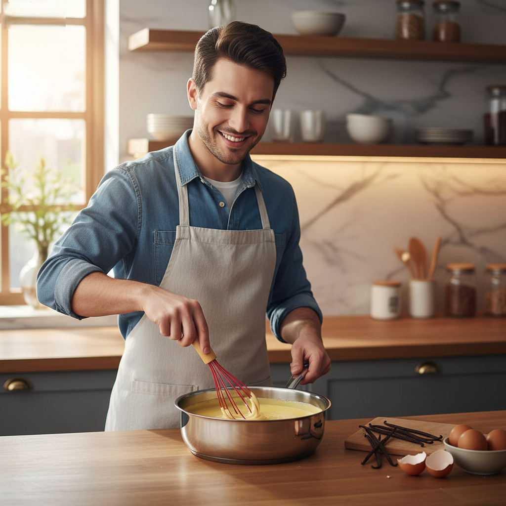 Homme préparant crème pâtissière avec Fouet à patisserie
