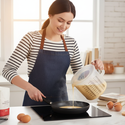 Femme utilisant Verre Doseur pour faire des crêpes