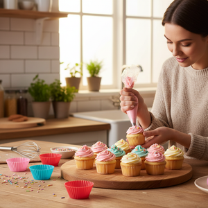 Femme décore cupcake avec Moule cupcake silicone