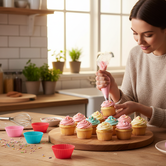 Femme décore cupcake avec Moule cupcake silicone