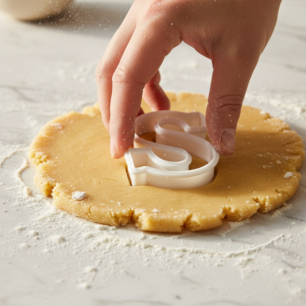 Découpe Emporte piece en lettre S sur pâte biscuit 