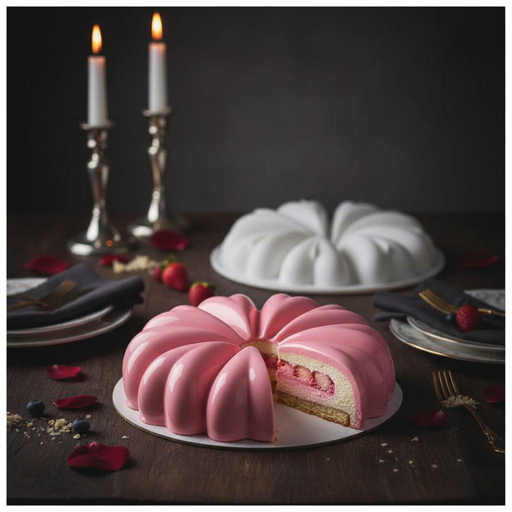 Moule a entremet et entremet glaçage rose découper