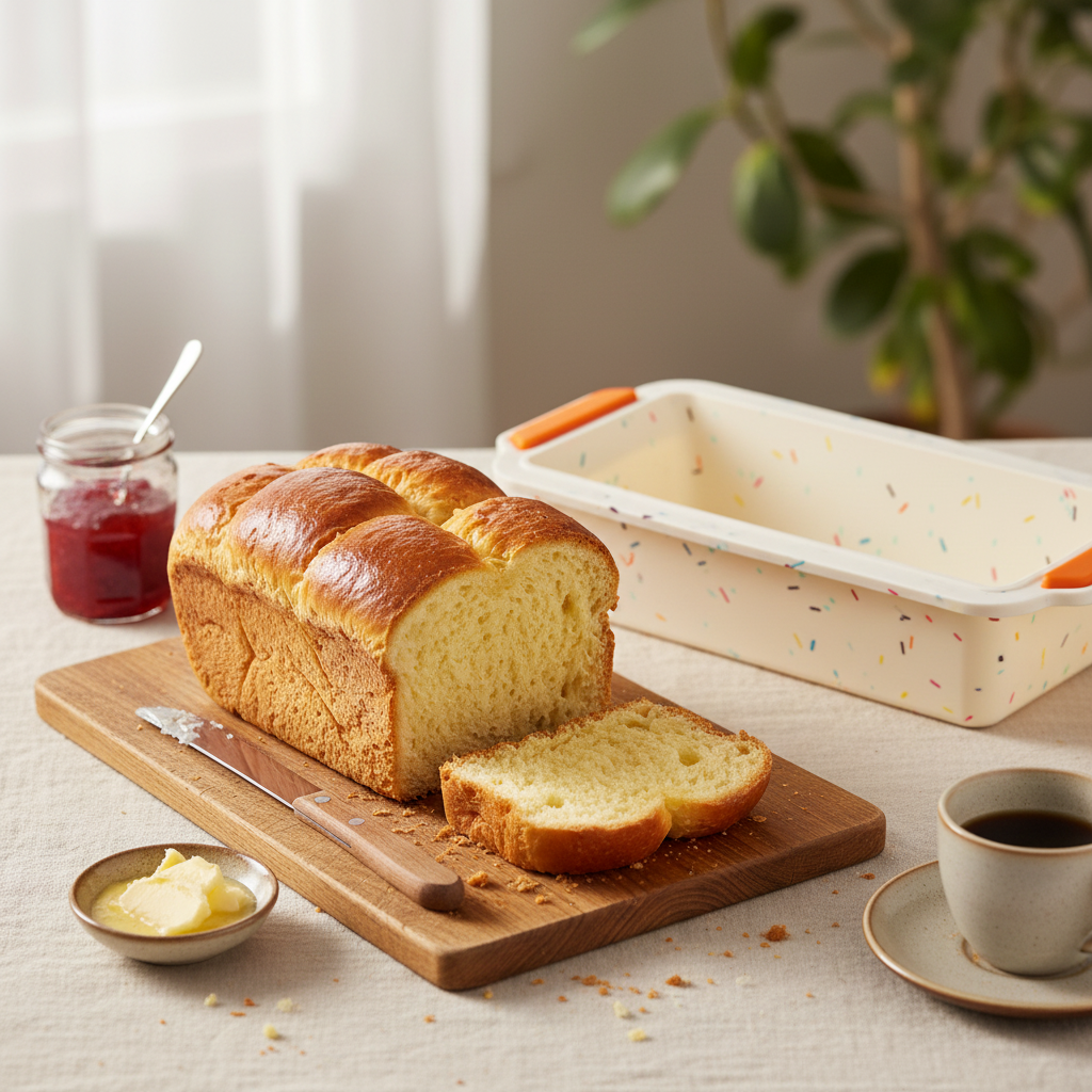 Moules à brioches et brioche sur table marbre