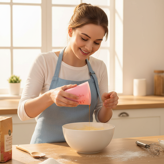 Femme verse préparation pâtissière dans bol avec Verre mesureur