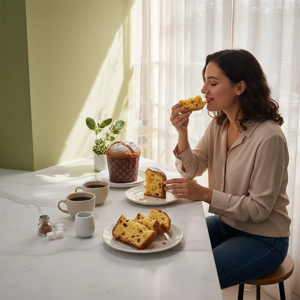 Moule à Panettone avec femme mangeant panettone sur table 