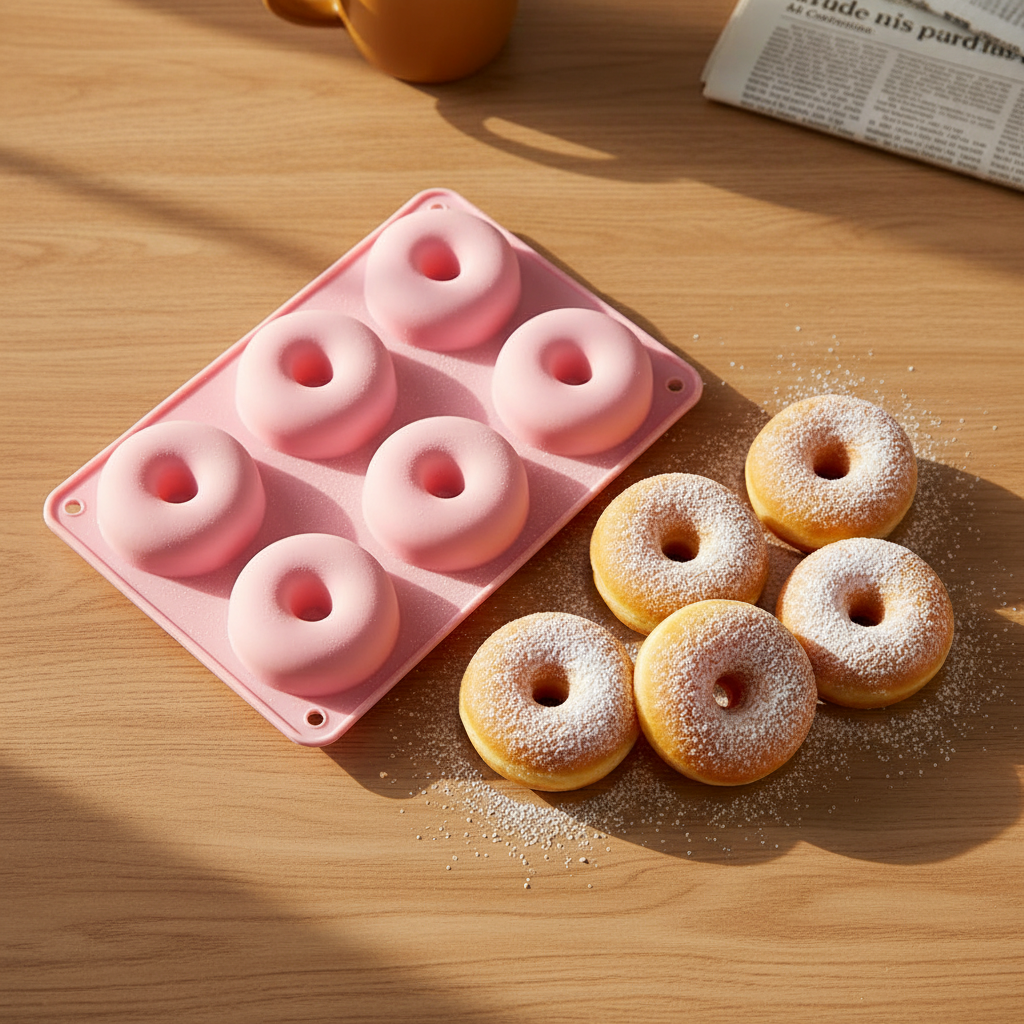 Moule Donuts avec donuts sur table bois clair