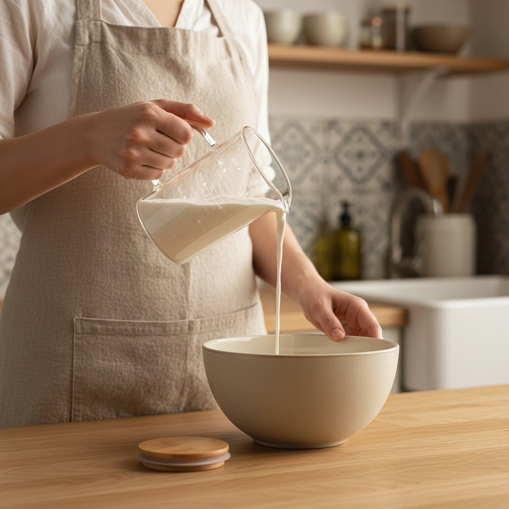 Versement lait dans bol avec Doseur en verre 350ml 
