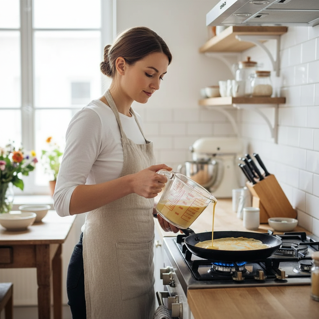 Femme préparant crêpes avec Doseur en verre