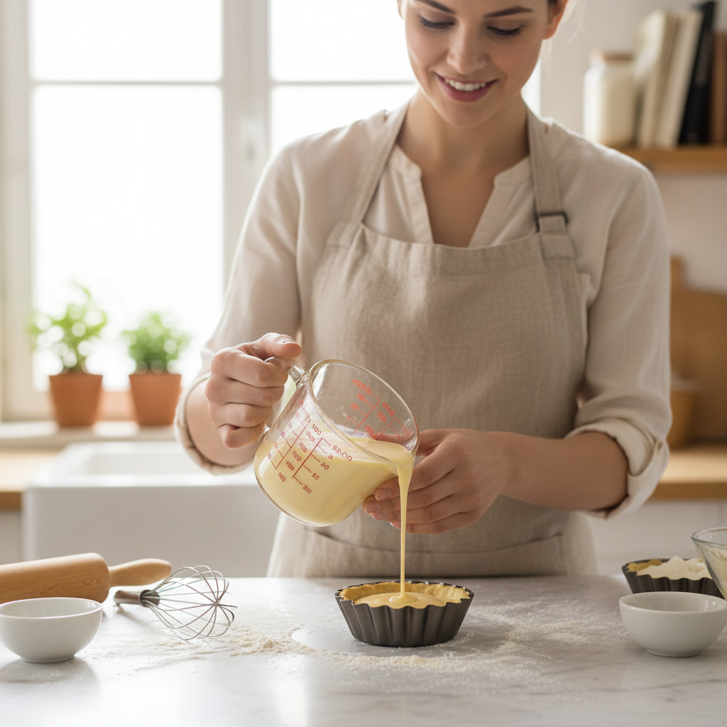 Femme verse crème pâtissière dans moule avec Doseur en verre 