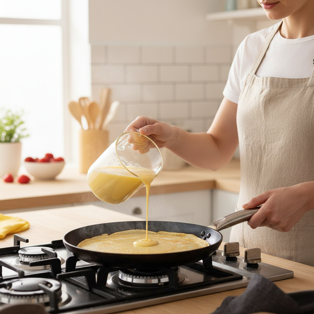 Femme prépare crêpe avec Doseur en verre