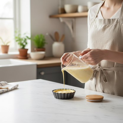 Versement préparation pâtissière dans moule tarte avec Doseur en verre