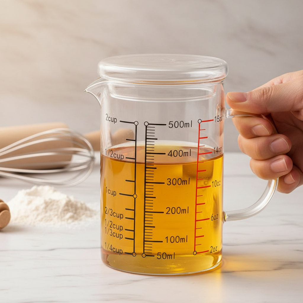 Doseur en verre remplis huile sur table cuisine