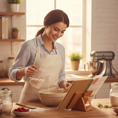Femme verse liquide dans préparation pâtissière 