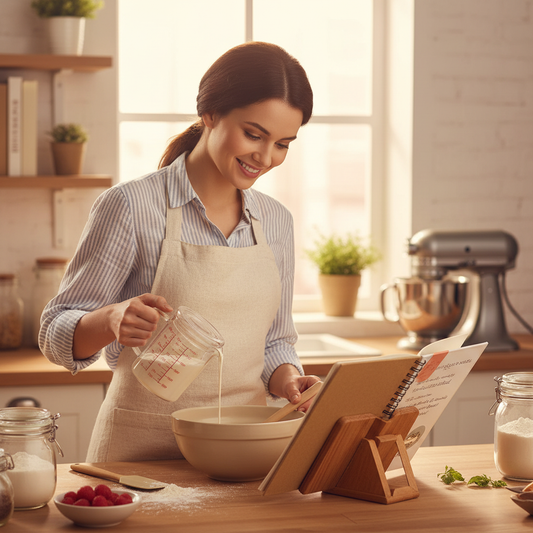 Femme verse liquide dans préparation pâtissière 