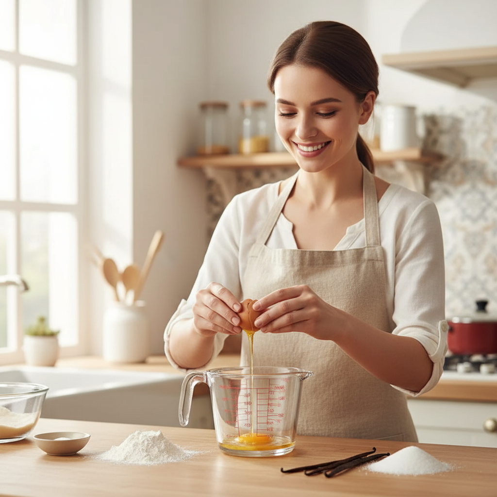 Femme casse œufs dans Doseur en verre