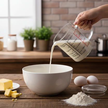 Mains versant lait dans bol avec Doseur en verre