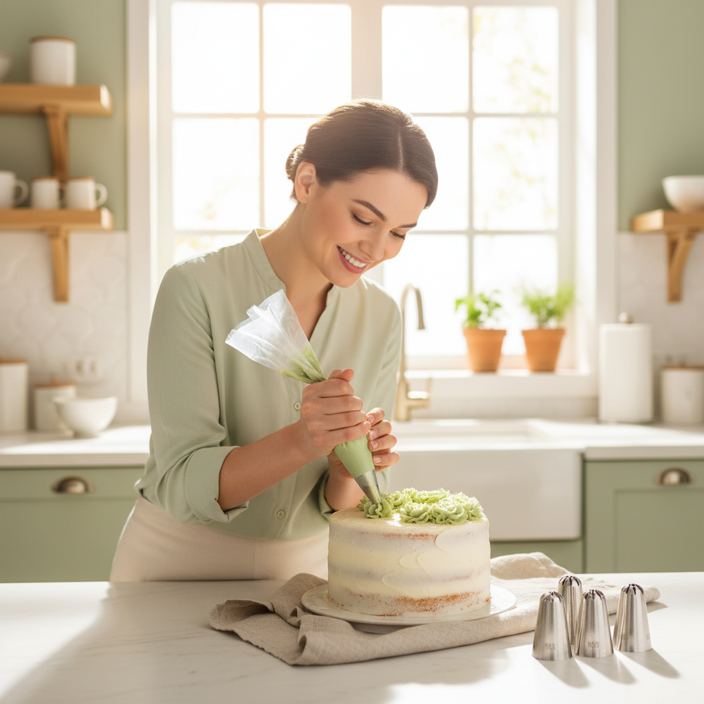Femme décorant cake avec Douille patisserie professionnelle