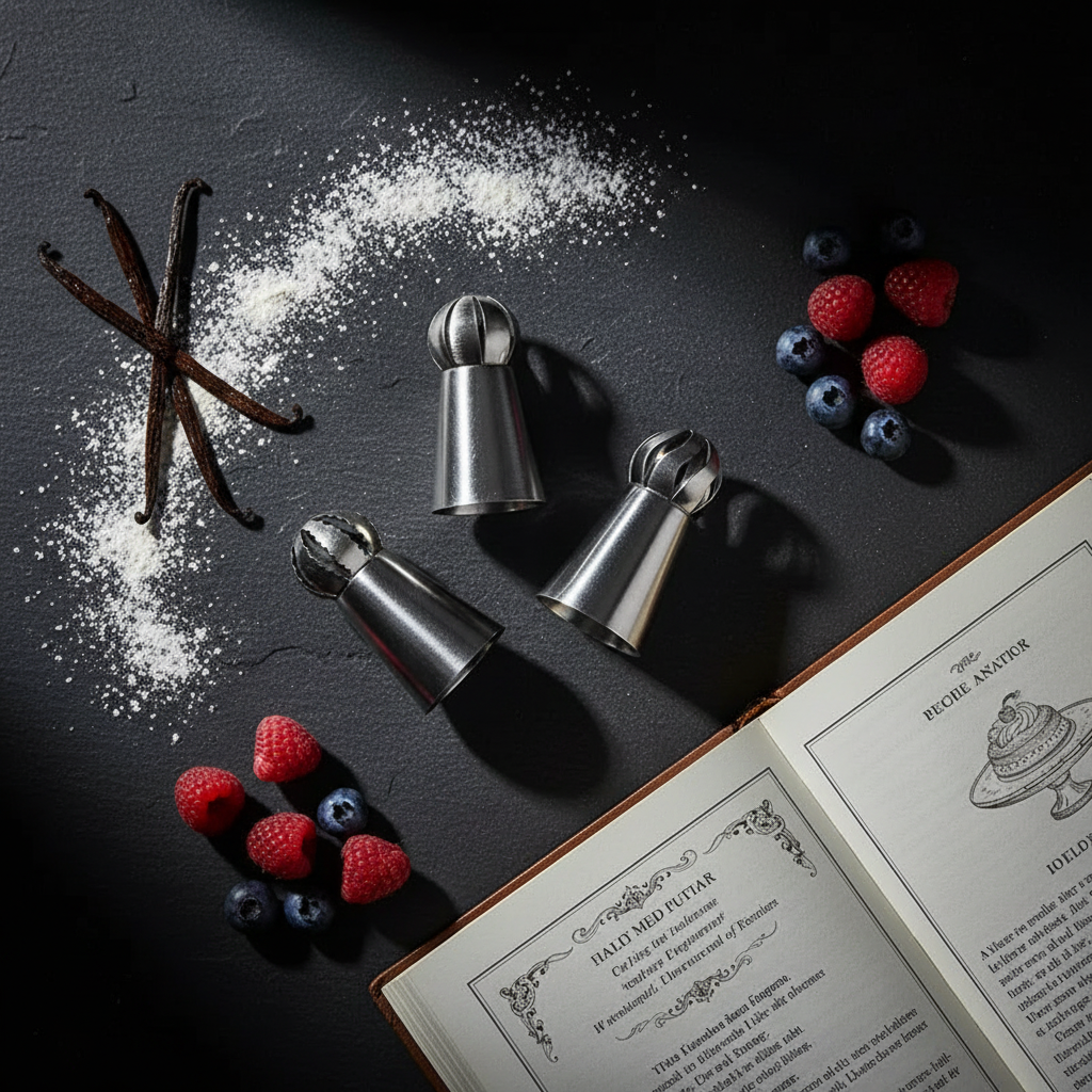 Douille patisserie posé sur table noir avec livre recette