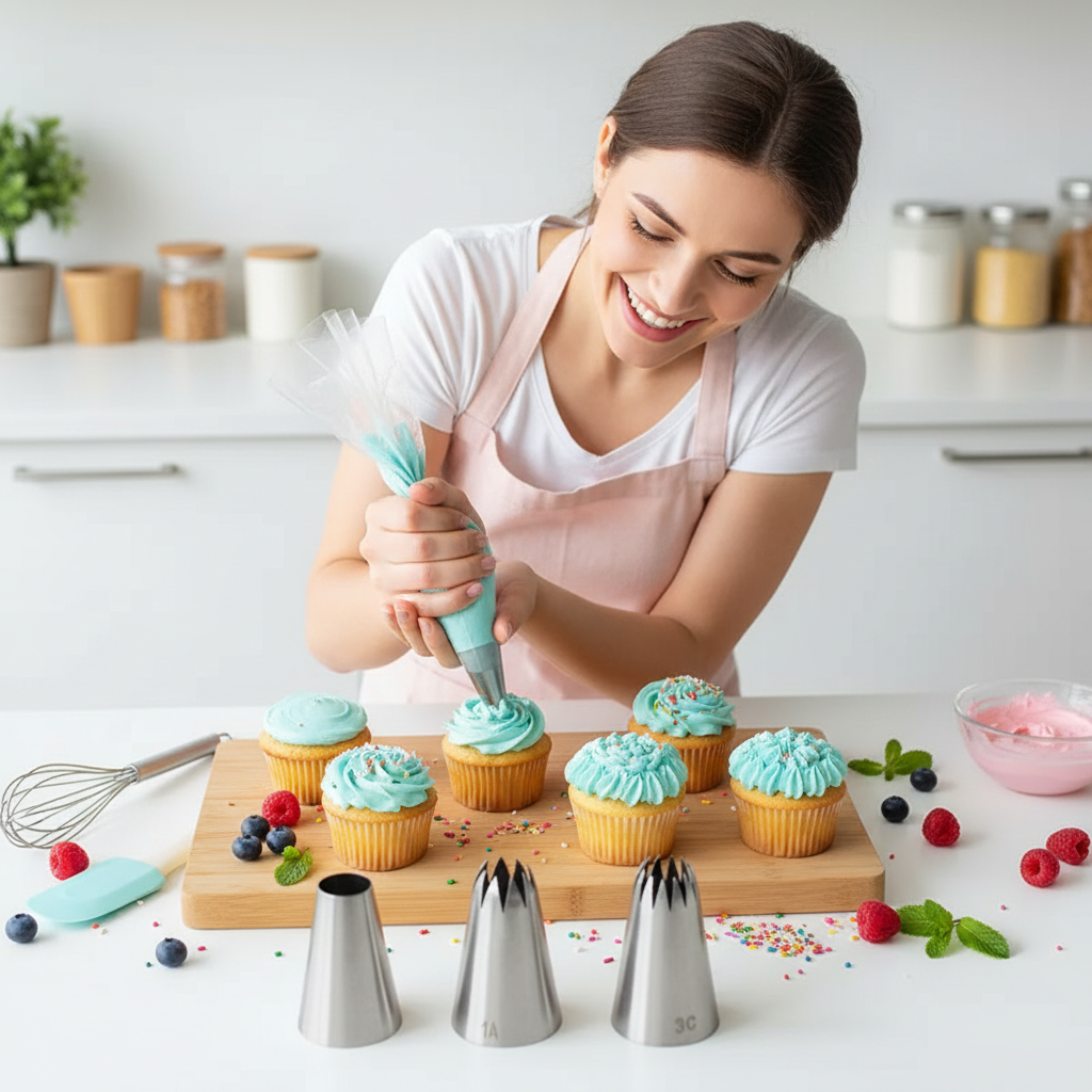 Femme décorant muffin avec Douille patisserie