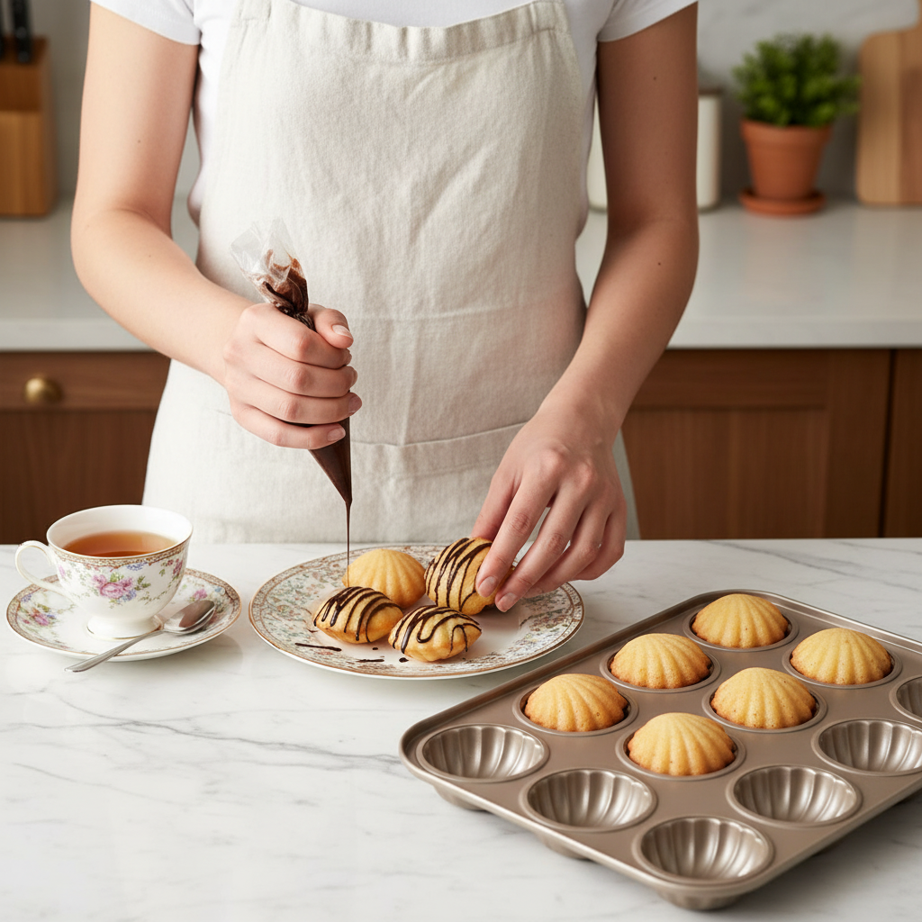 femme décore madeleine avec Moule à Madeleine Inox 