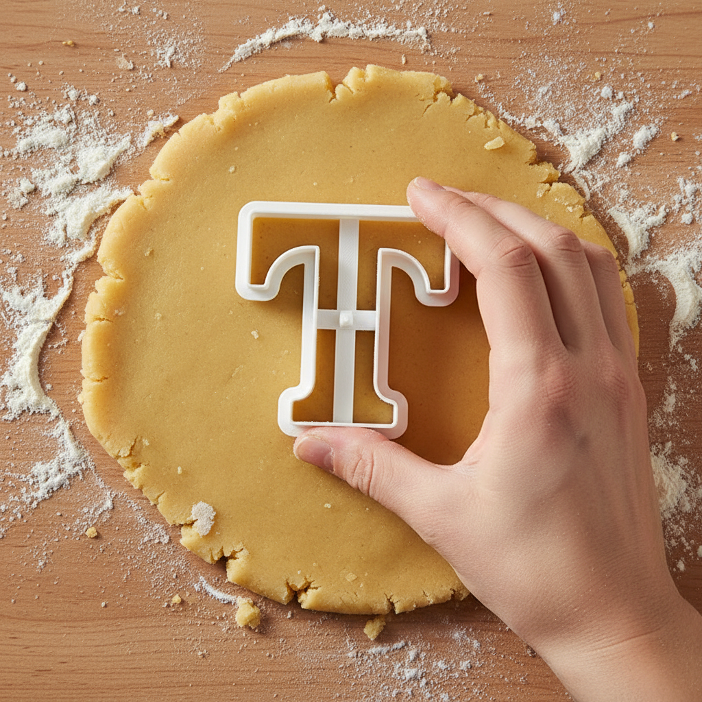 Emporte piece en lettre T pressé sur pâte biscuit 