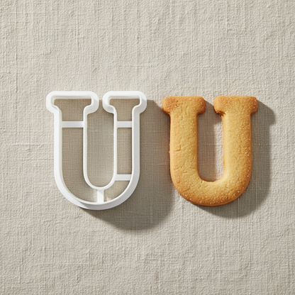 Emporte piece en lettre U avec biscuit sur table 