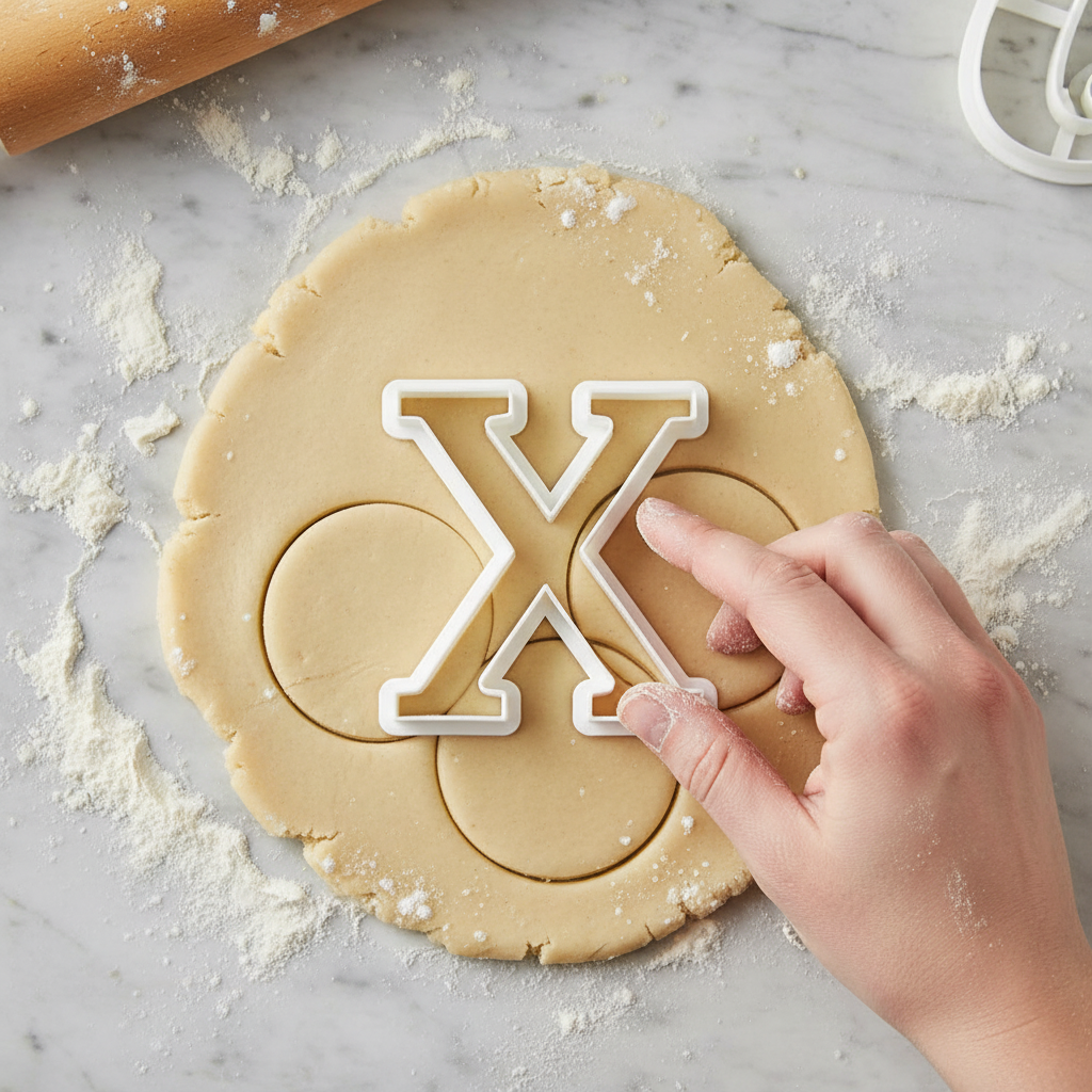 Emporte piece en lettre X pressé sur pâte biscuit 
