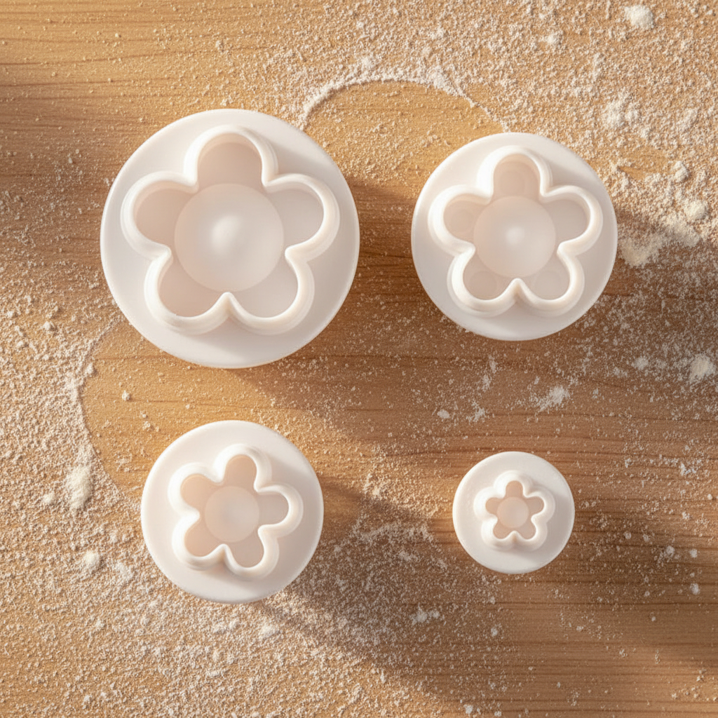 Emporte piece fleur prunier à plat sur plan travail cuisine 