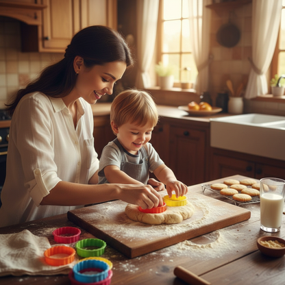 Emporte pièces ronds multicolores moment famille dans cuisine