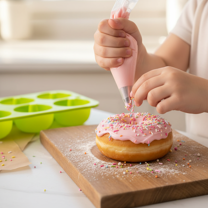 Moule Donut sur table avec Enfant décorant donut avec glaçage 