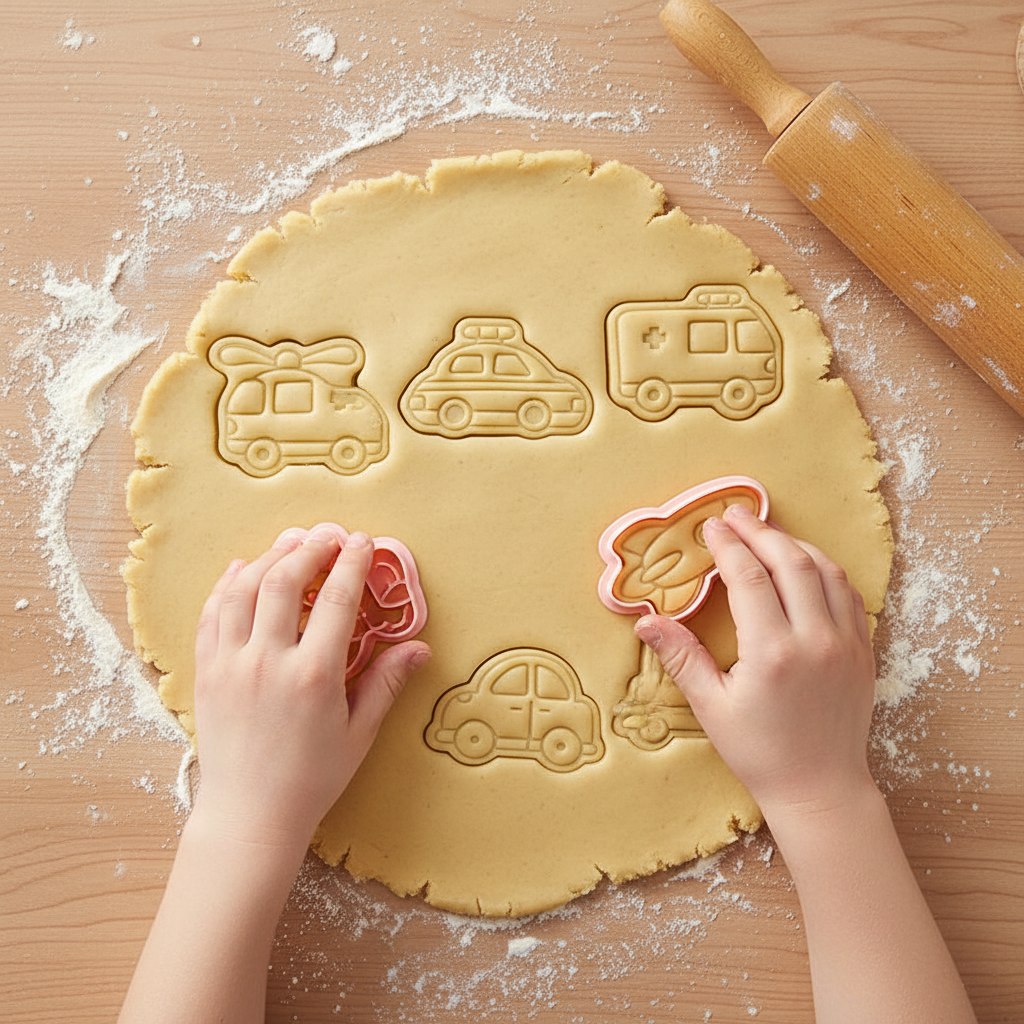Enfant manipulant Emporte piece pour biscuits véhicules sur pâte