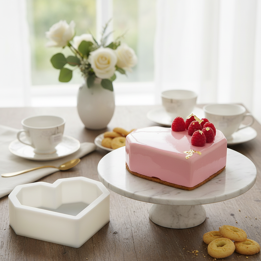 Moule à entremet avec entremet sur plateau sur table décoré