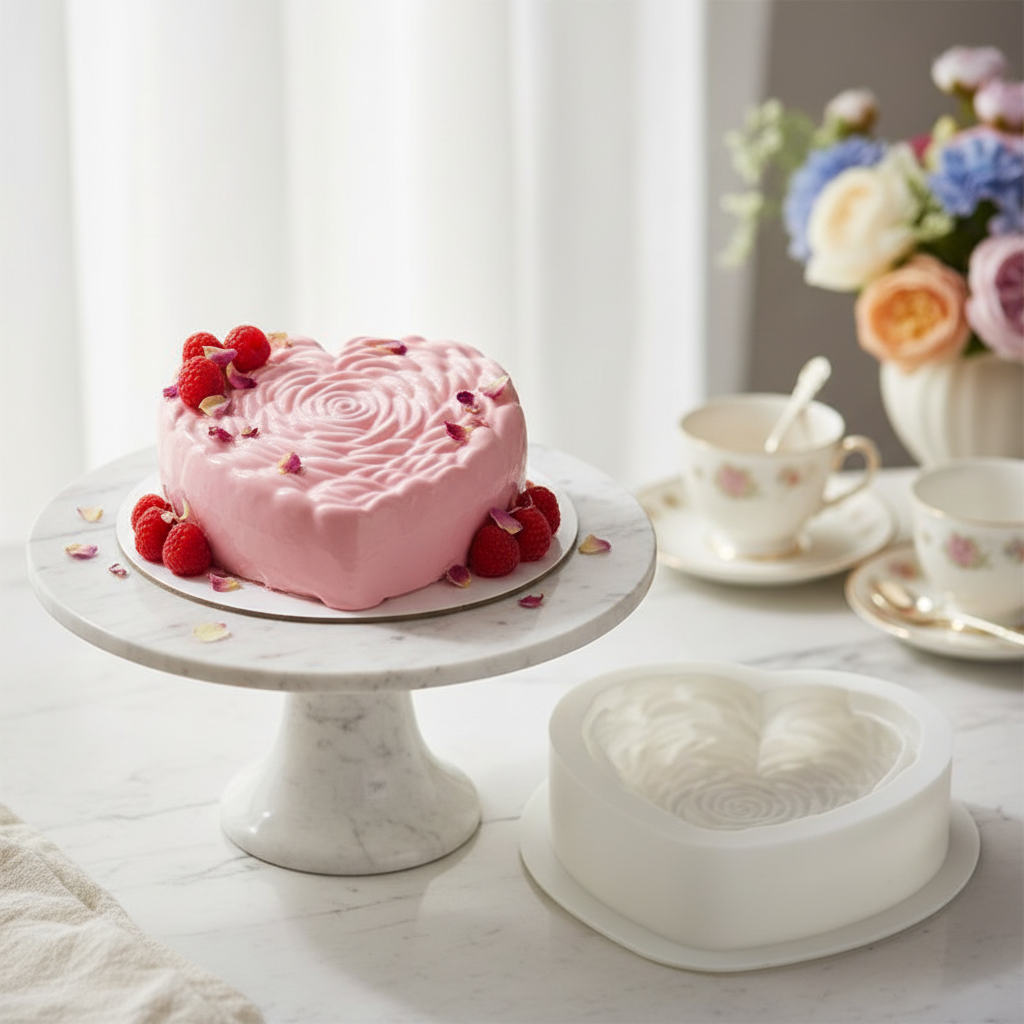 Moule Entremets et entremet rose sur table décoré 