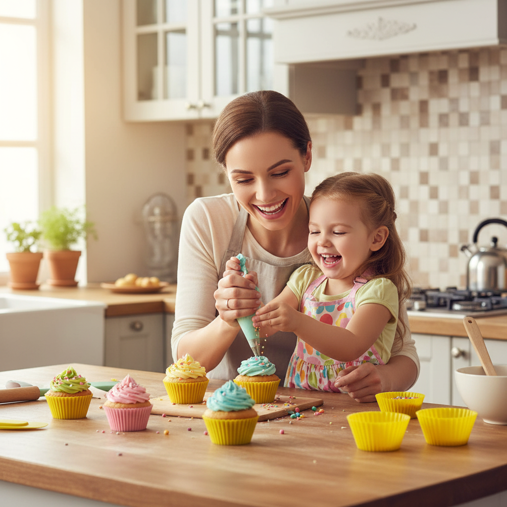 Mère et fille décorant cupcakes avec Moules a cupcakes