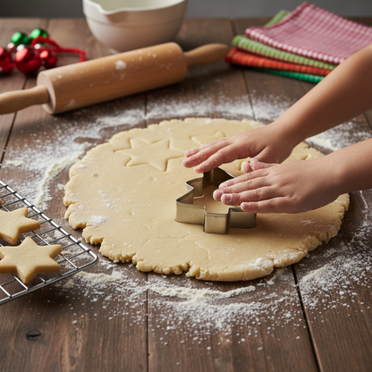 Main enfant utilisant Emportes pieces noel sur pâte biscuit 