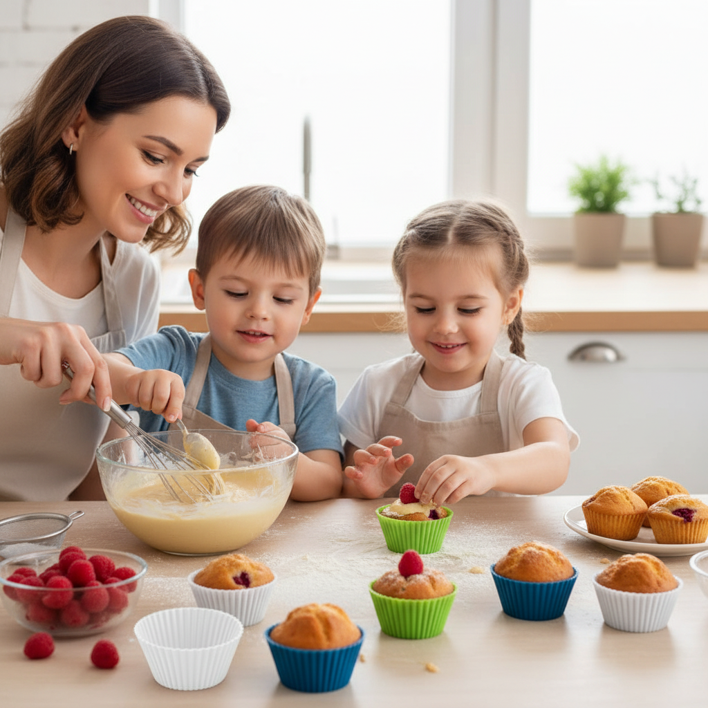 Maman et enfants utilisant des moules à muffin en silicone
