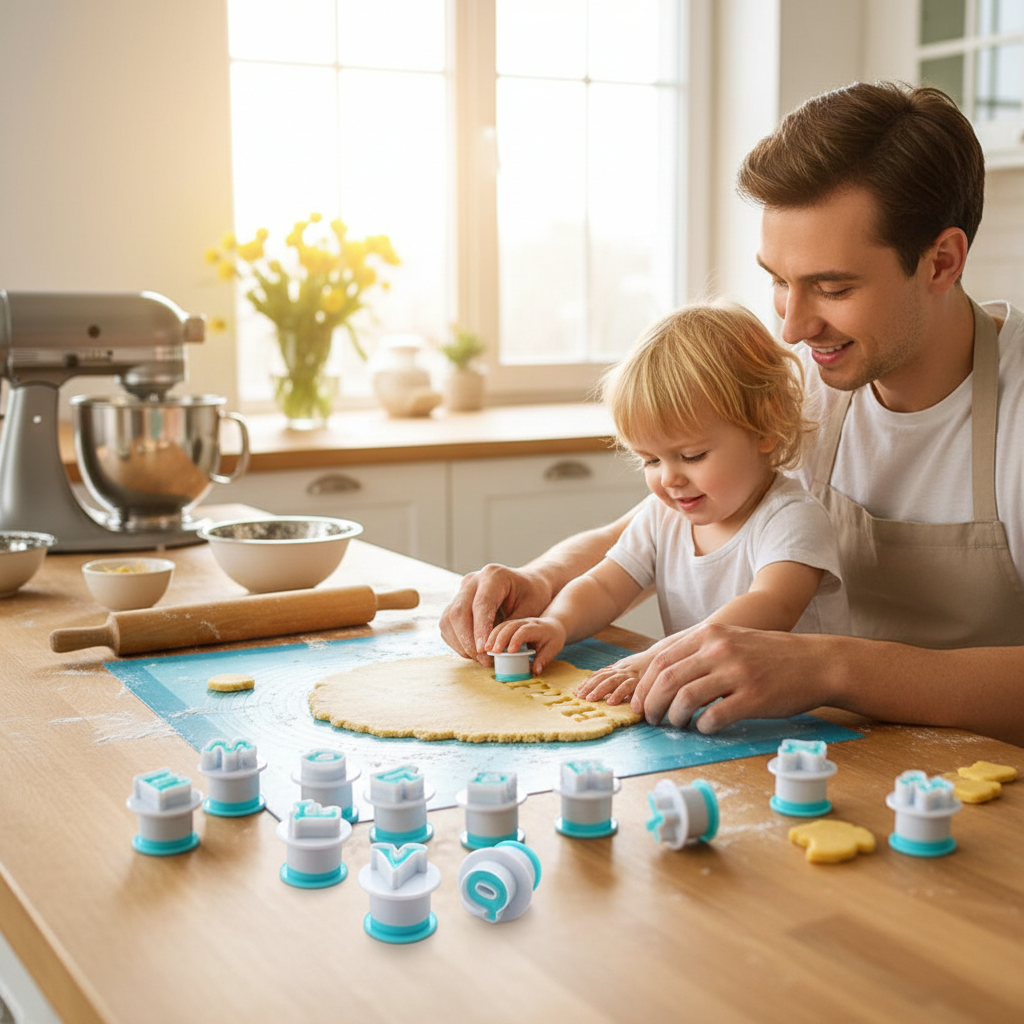 Père et fils utilisent Emporte piece lettre sur pâte biscuit 