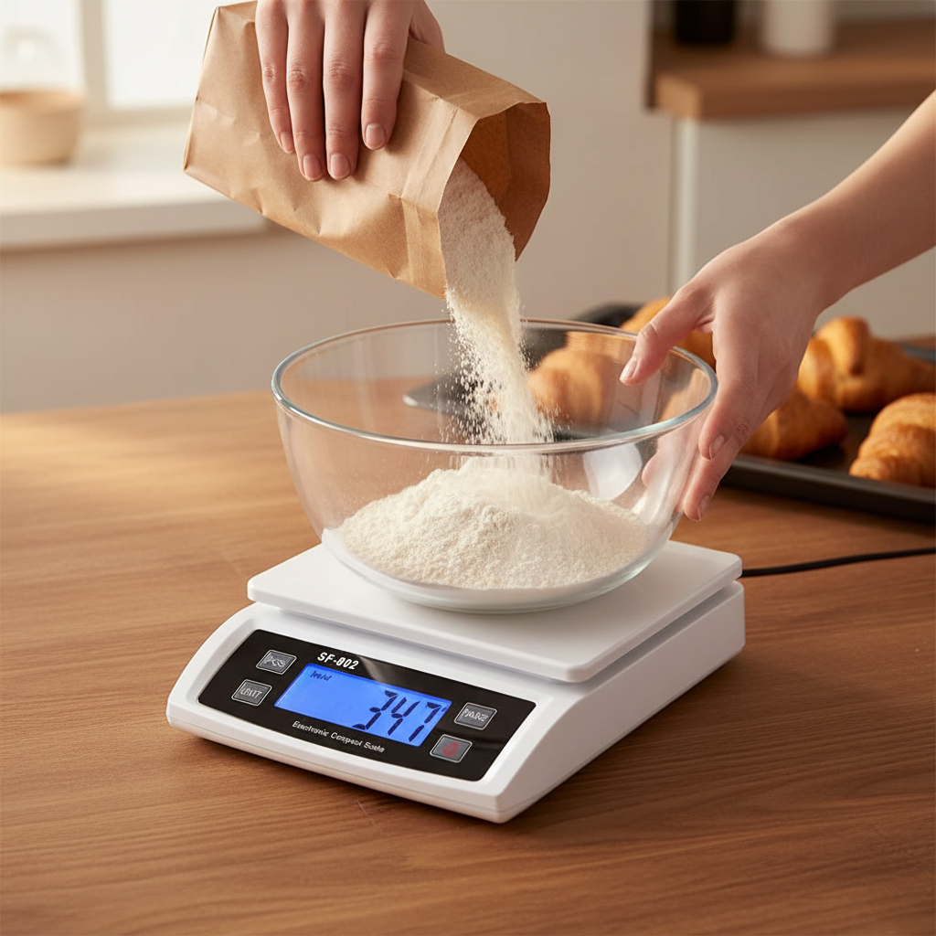 Pesée farine dans bol avec Balance pour patisserie
