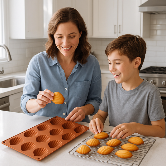femme avec enfant demoule madeleine avec moule a madeleine