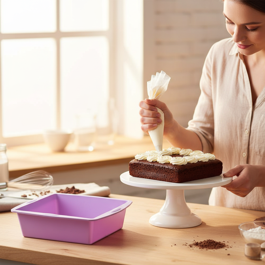 Femme décorant gâteau carré avec Moule Carré Silicone dans cuisine