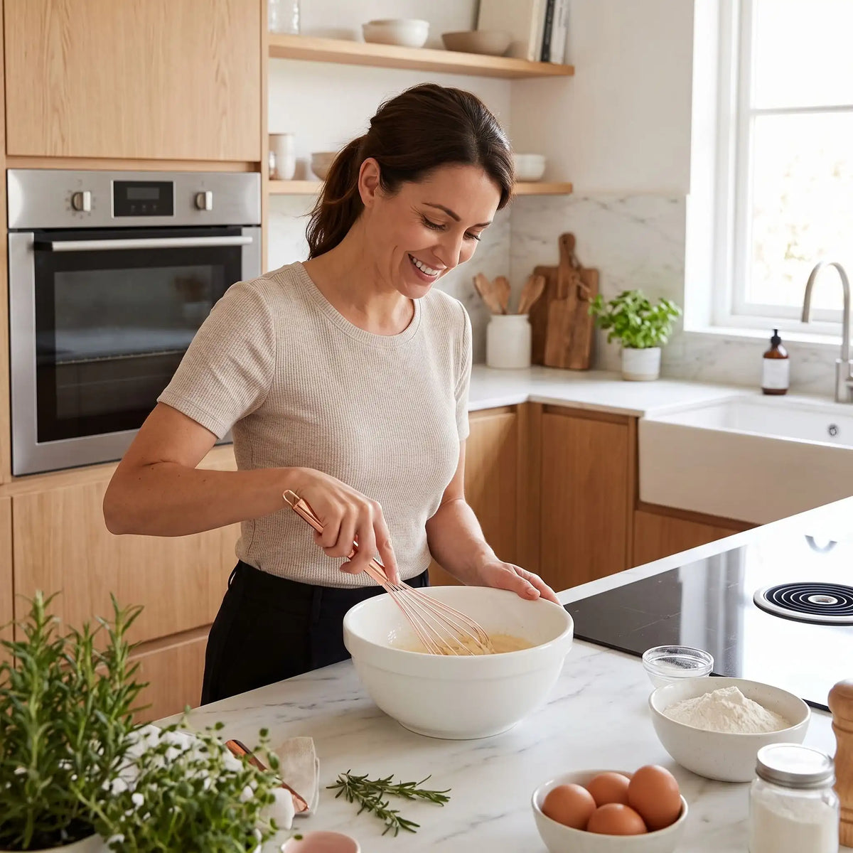 femme dans cuisine mélange préparation avec fouet en inox