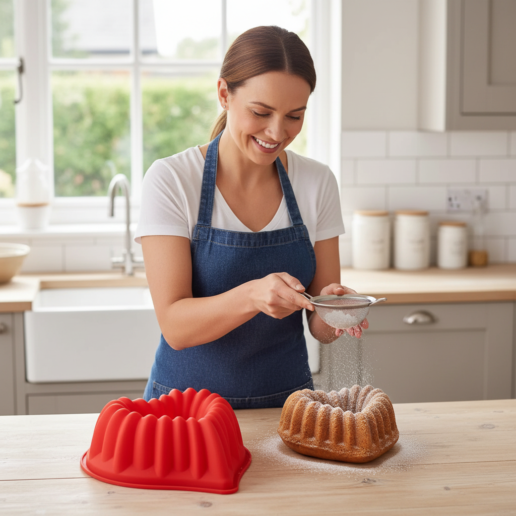Femme saupoudrant gâteau avec moule en silicone en coeur 