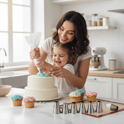 Femme et enfant décorant gâteau avec poche a douille et embout