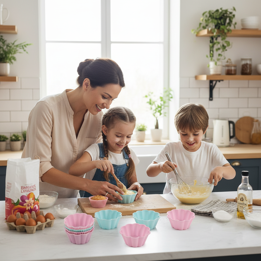 famille maman enfants utilisant moules à muffin en silicone pâtisserie maison facile