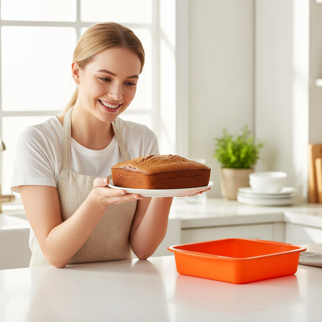Femme portant gâteau avec Moule Carré Silicone 