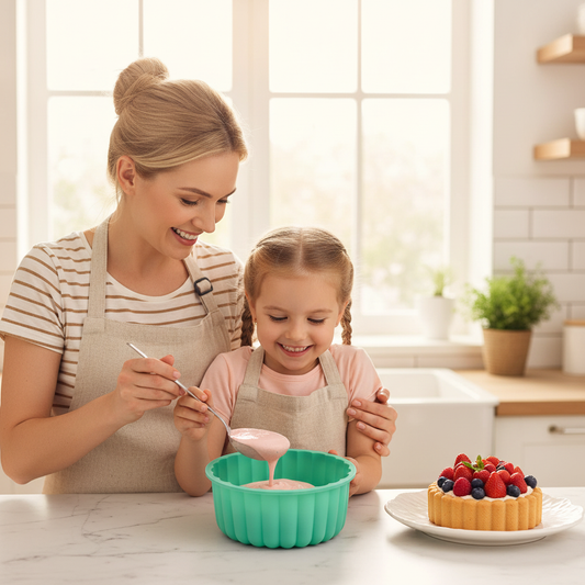 mère et fille verse préparation dans moule a charlotte silicone