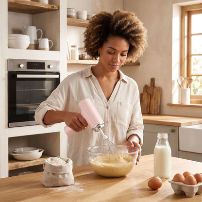 femme mélange préparation gâteau avec fouet électrique rose